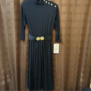 NWT Vintage 80s Ms Conduct California‎ Maxi Black Dress Gold Buttons and Belt 8